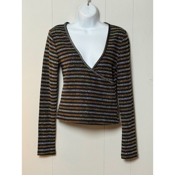 Urban Outfitters Tops - Urban Outfitters Women's Metallic Striped V-Neck Wrap Top Black Gold Silver Sz L